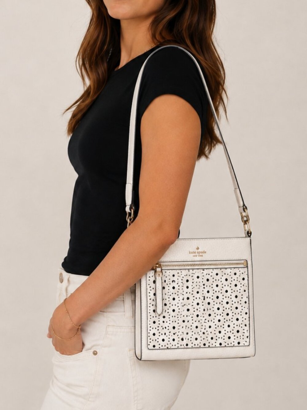 Kate Spade New York White Perforated Leather Shoulder Bag Purse Floral Pattern